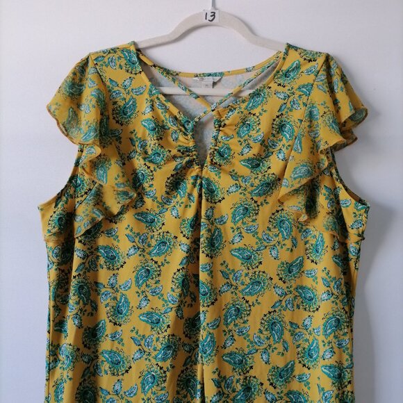 Cato Womens Yellow Keyhole Round Neck Floral Hi Low Hem Blouse Top Size XL - Picture 2 of 7